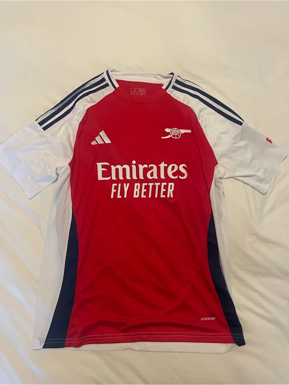 Adidas Red and White Arsenal Football Jersey with navy accents.